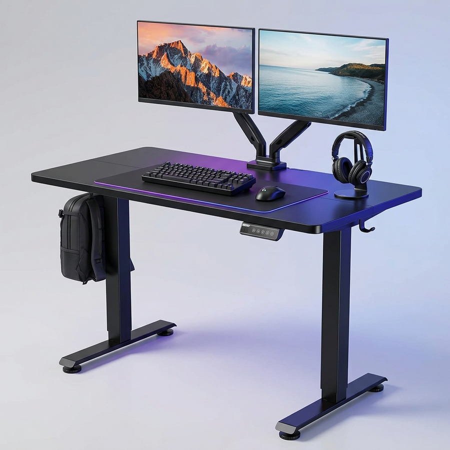 Black adjustable standing desk with dual monitor arms, keyboard tray, and power controls on the front panel.