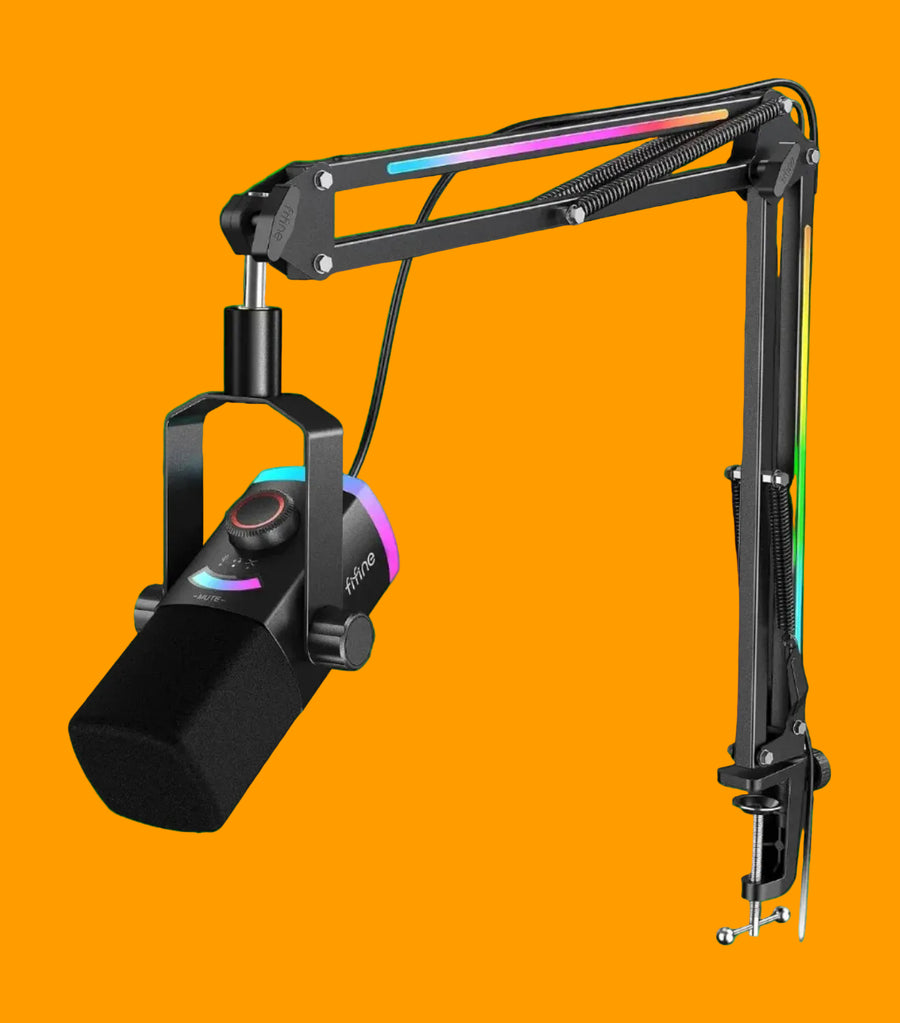 Fixed gaming microphone for online play and streaming with RGB lighting along the frame and a dial knob on the mic itself.