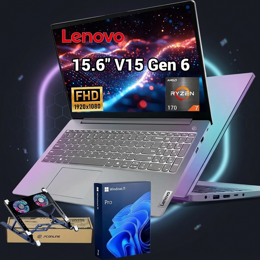 A Lenovo 15.6" V15 Gen 6 laptop in silver, shown open with promotional text overlays on the screen.
