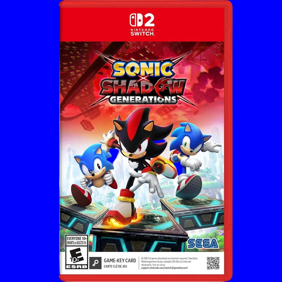 Sonic x Shadow Generations for Nintendo Switch 2 video game with cover art of modern Shadow and Sonic with another version of retro Sonic.